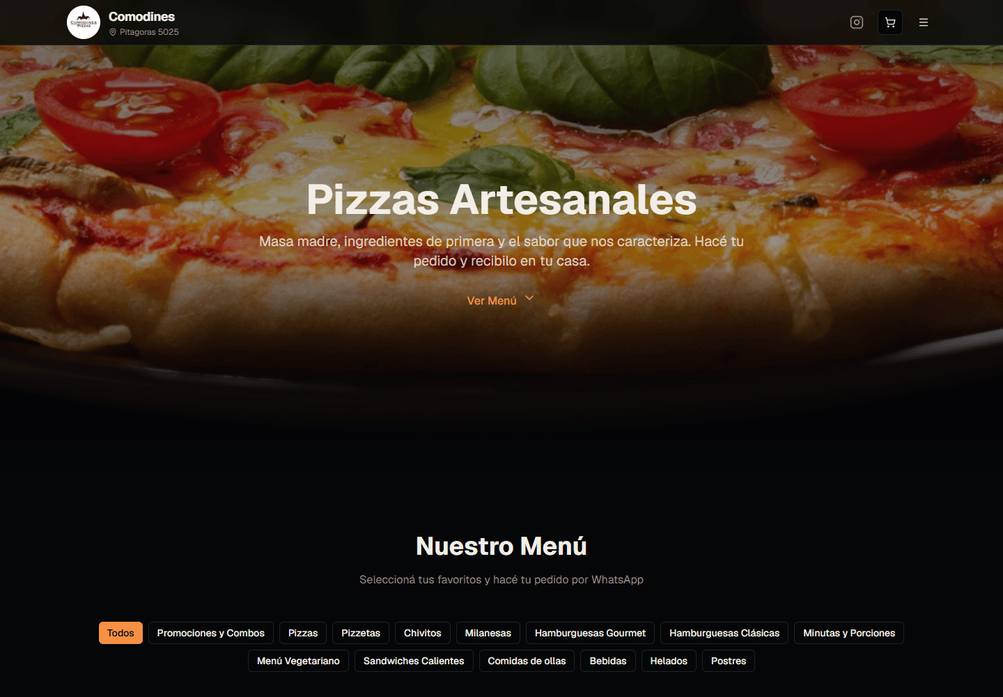 Captura real del sitio de Comodines Pizza