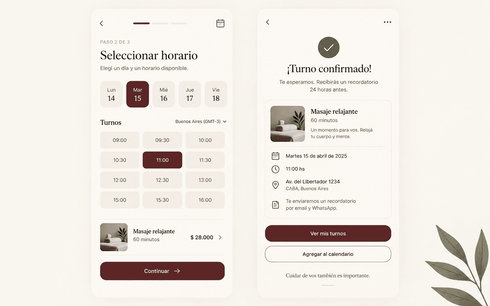 Interfaz ilustrativa de una aplicación de reservas para celular